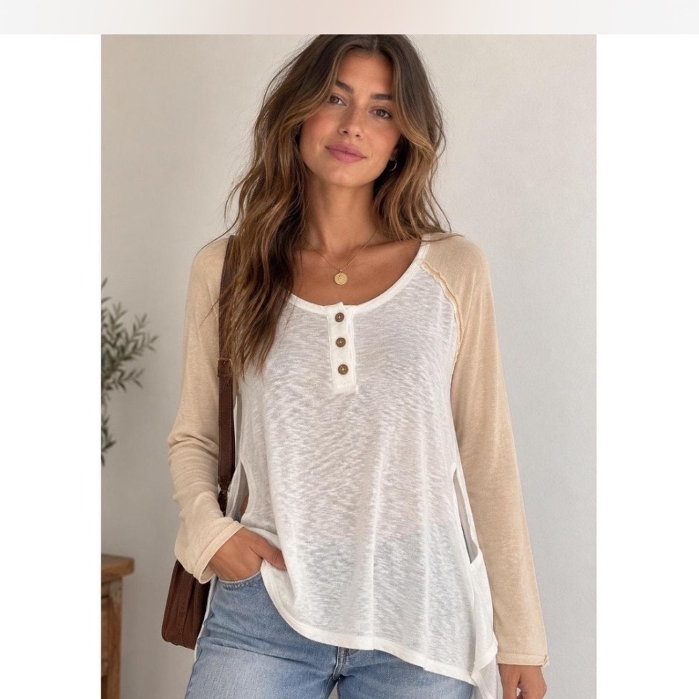 Free People We The Free One Of The Girls Henley Top White Tan L OB1417616 NEW